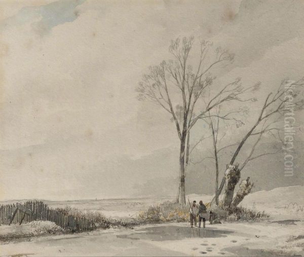 A Winter Landscape With Conversing Sportsmen Oil Painting by Wijnandus Johannes Josephus Nuijen