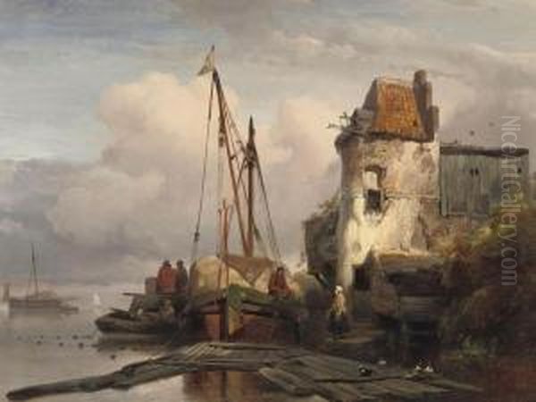 Unloading The Cargo At The Quay Oil Painting by Wijnandus Johannes Josephus Nuijen