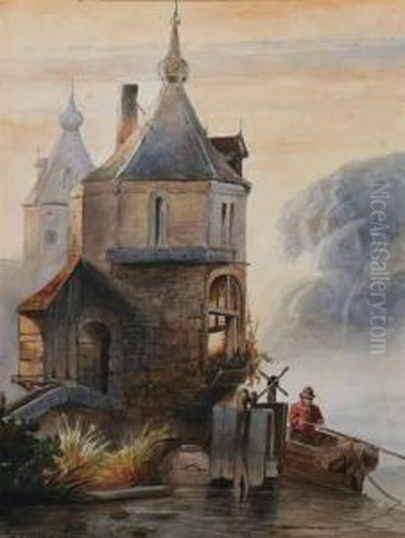 Approaching The Castle By Rowboat Oil Painting by Wijnandus Johannes Josephus Nuijen