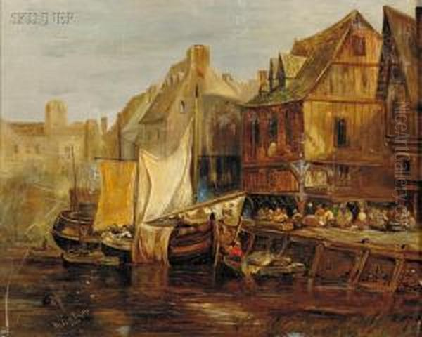 Docking Houseboats Oil Painting by Wijnandus Johannes Josephus Nuijen