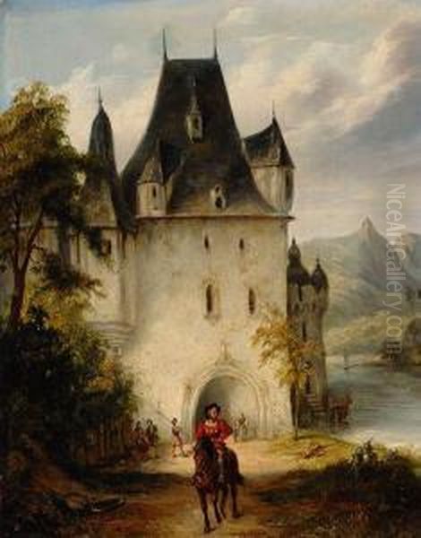 Knight On Horseback By The Castle Oil Painting by Wijnandus Johannes Josephus Nuyen