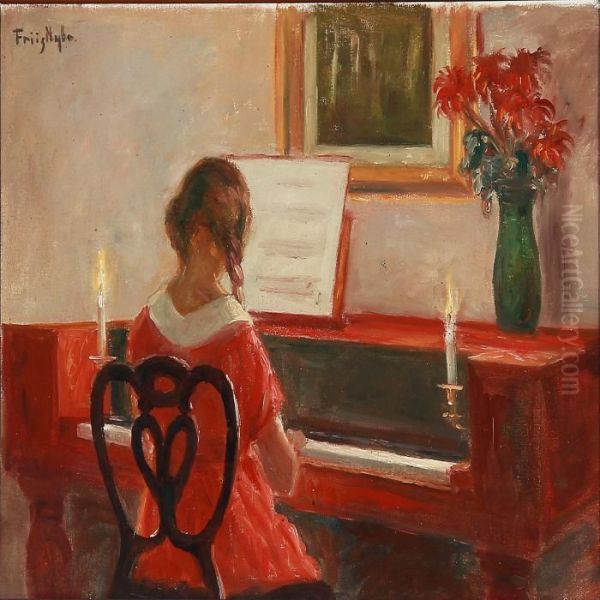 Interior With A Girl Playing The Piano Oil Painting by Poul Friis Nybo