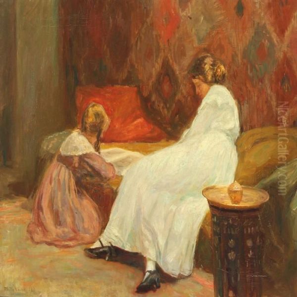 Interior With Mother And Child Oil Painting by Poul Friis Nybo