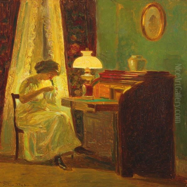 Interior With Woman Sewing By A Bureau Oil Painting by Poul Friis Nybo