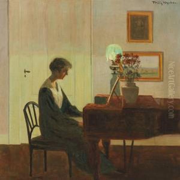 Interior With Woman Playing The Piano Oil Painting by Poul Friis Nybo