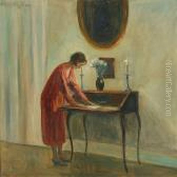 Interior With Woman Oil Painting by Poul Friis Nybo