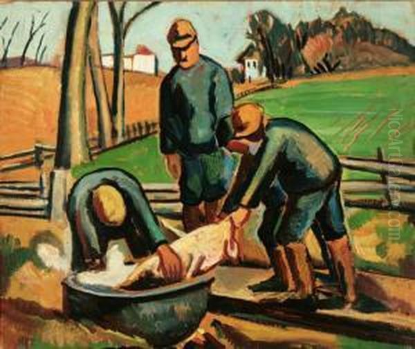 Farmer Cleaning A Pig Oil Painting by Edgar Hewitt Nye