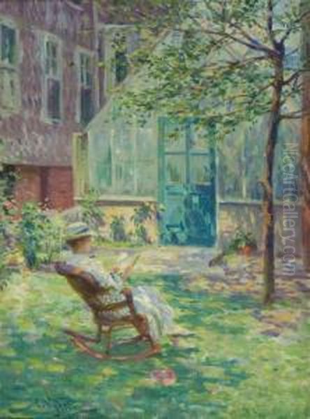 Reading By The Greenhouse Oil Painting by Arvid Frederick Nyholm