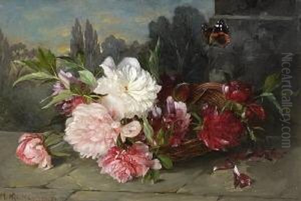 Stillleben Mit Pfingstrosen Und
 Schmetterling Oil Painting by Marie Nyl-Frosch