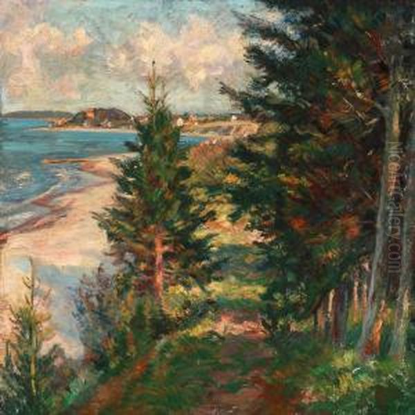 Fir Trees On A Hillside Near The Coast Oil Painting by Borge C. Nyrop