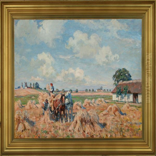 Harvest With Farmerloading Sheaves Oil Painting by Borge C. Nyrop