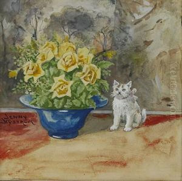 Kattunge Vid Rosenbukett Oil Painting by Jenny Nystrom