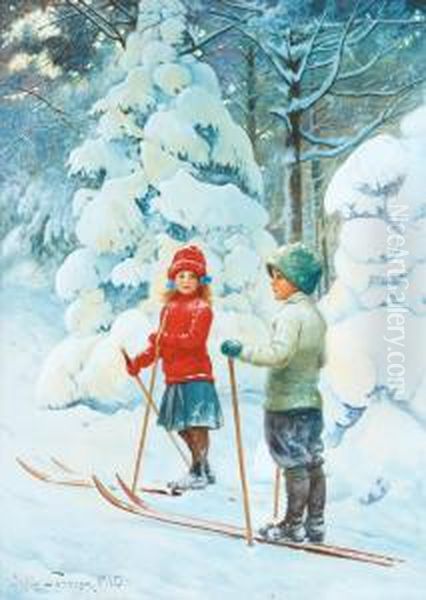 Skiing Children Oil Painting by Jenny Nystrom