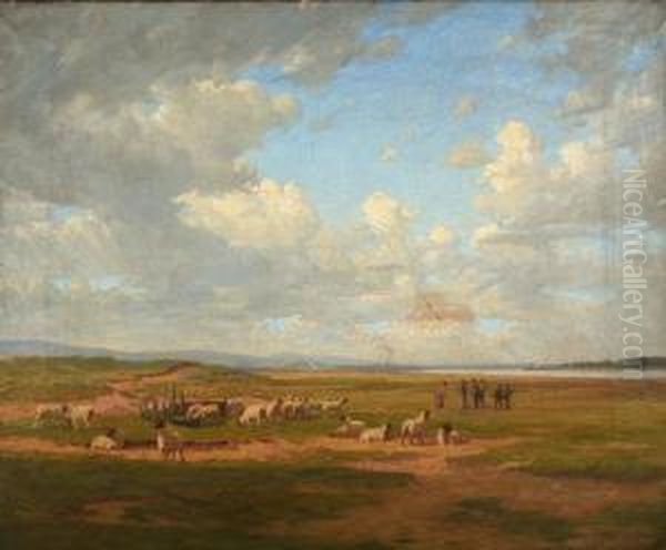 Malahide Golf Course - With Golfers And Sheep And A View Of The Pigeon House Beyond Oil Painting by Dermod William O'Brien