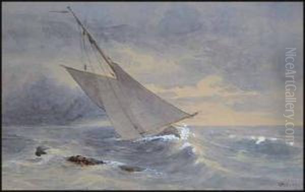 A) Seascape With Sailboat Oil Painting by Lucius Richard O'Brien