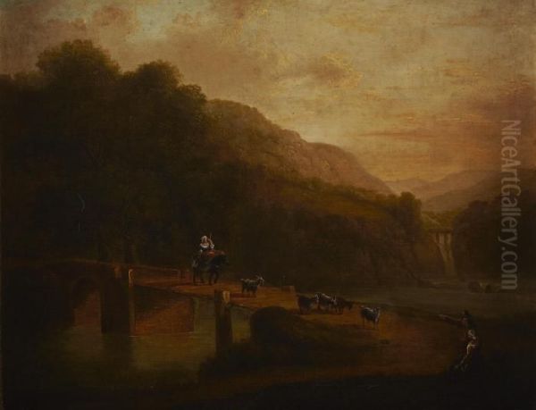 Herding Goats Across A Bridge Oil Painting by James Arthur O'Connor