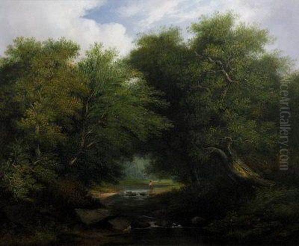 An Angler In An Extensive Wooded River Landscape Oil Painting by James Arthur O'Connor