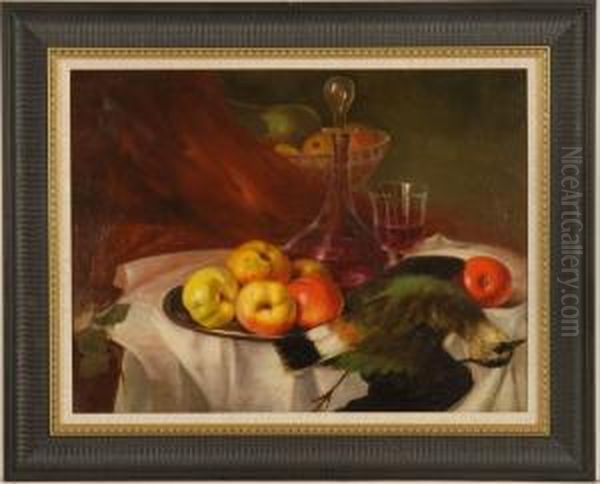 Still Life With Fruit, Wine And Game On A Table Oil Painting by John O'Connor