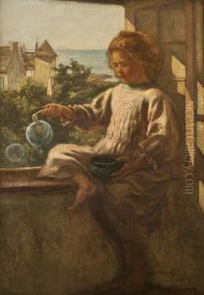 Child Playing With Bubbles Oil Painting by Aloysius C. O'Kelly