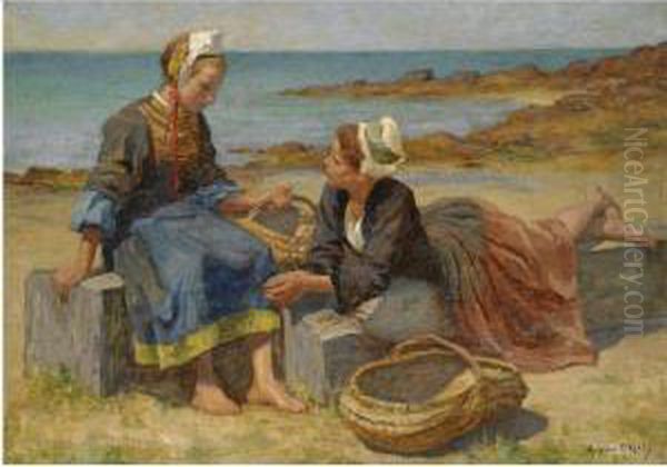 Breton Girls On A Beach Oil Painting by Aloysius C. O'Kelly