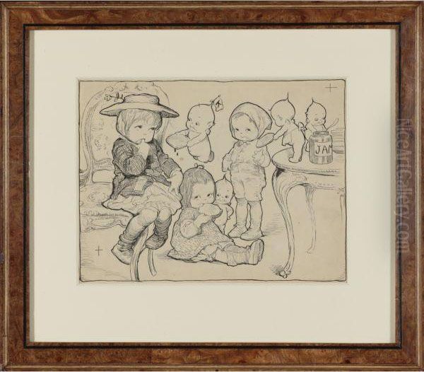 The Kewpies' Christmas Party Oil Painting by Rose Cecil O'Neill Lathom