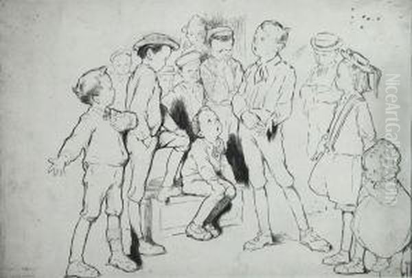 Boy Speaking To Assembled Group Of Youngsters. Oil Painting by Rose Cecil O'Neill Lathom