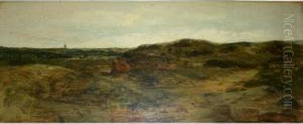 Heathland Scene With A Distant Windmill Oil Painting by John Wright Oakes