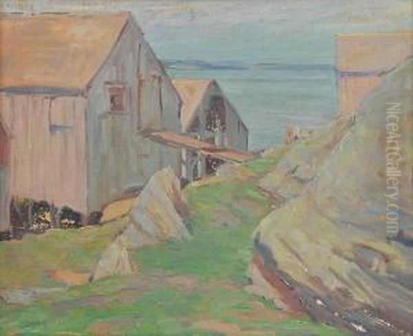 Landscape With Barns, Water In The Distance Oil Painting by Wilbur L. Oakes