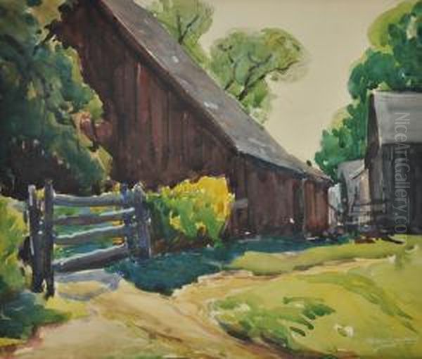 Barnside Oil Painting by Wilbur L. Oakes