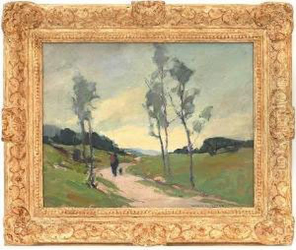 Landscape With Man And Dog On Path Oil Painting by Wilbur L. Oakes