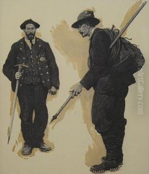 Mountaineer And Guide Prepare For Ascent. Oil Painting by Thornton Oakley