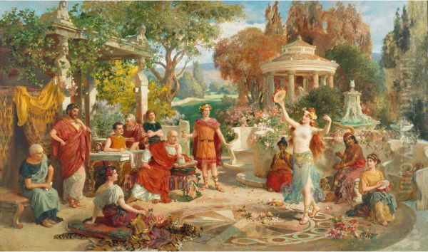 Harem Girls Performing In A Roman Garden Oil Painting by Emanuel Oberhauser