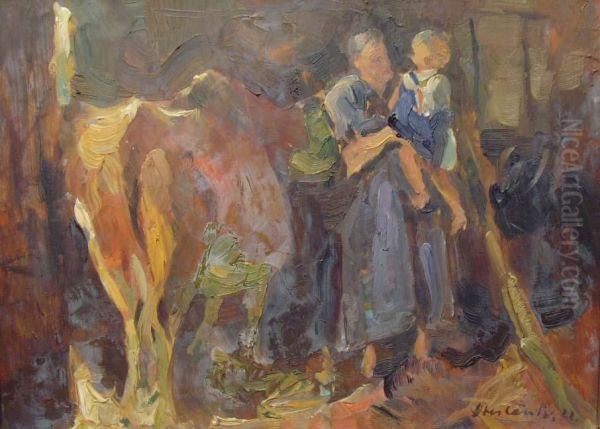 Bauerin Mit Kind Und Kuh Im Stall Oil Painting by Hans E. Oberlander