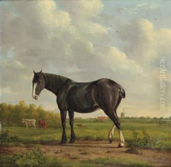 A Black Horse In A Polder Landscape Oil Painting by Anthony Oberman