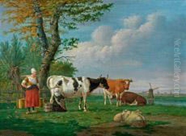 Melkende Magde In Einerhollandischen Sommerlandschaft Oil Painting by Anthony Oberman