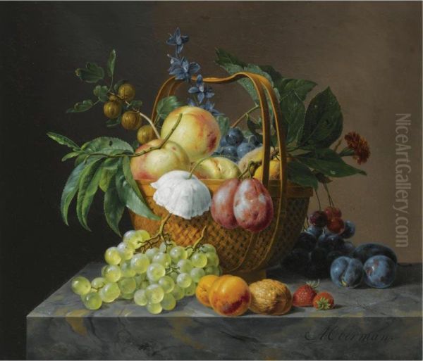 A Still Life With Fruit And Flowers In A Basket Oil Painting by Anthony Oberman