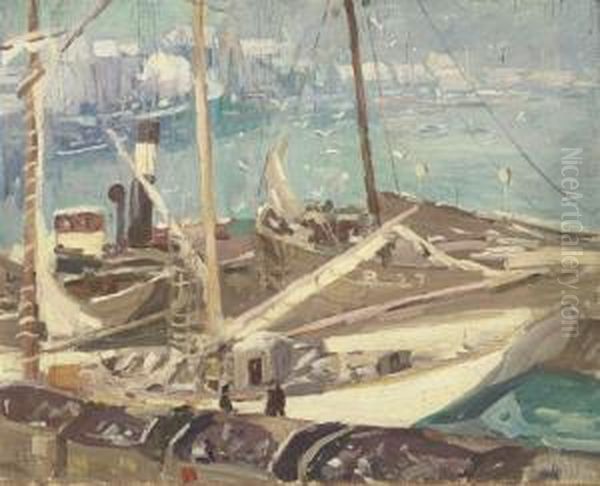 Impression--boulogne Harbor, Winter, France Oil Painting by George Oberteuffer