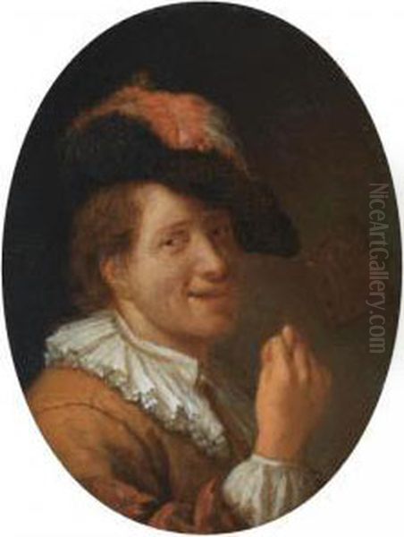 A Man With A Feathered Head, Making An Obscene Gesture Oil Painting by Jacob Ochtervelt