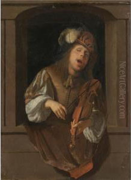 A Singing Violinist, Probably A Self-portrait, Set Within A Niche Oil Painting by Jacob Ochtervelt