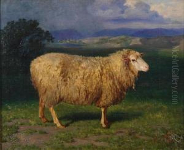 Portrait Of A Sheep In Front Of A Landscape Oil Painting by Eduard Ockel