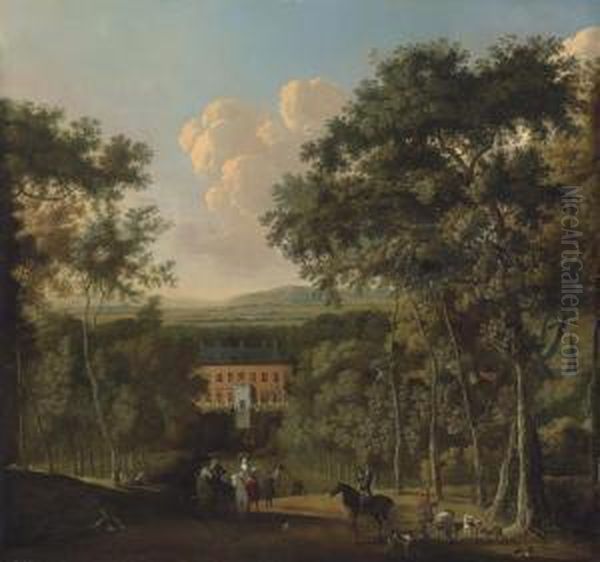 A View Of Bridge Place, Kent, A Hunting Party In The Foreground Oil Painting by Adriaen Jansz. Ocker