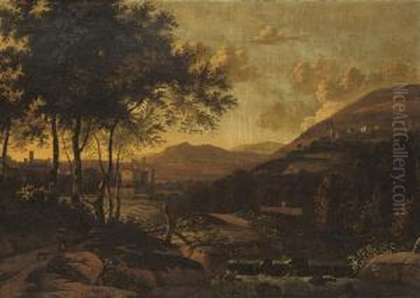 A Wooded River Landscape With A Peasant Woman And A Dog On A Track, A Town Beyond Oil Painting by Adriaen Jansz. Ocker