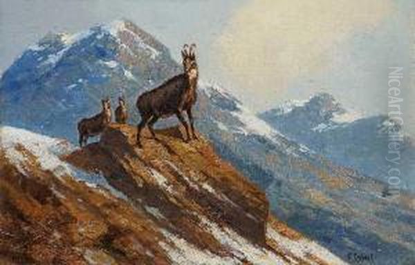 Gemsen Im Gebirge Oil Painting by Carl Friedrich Ockert