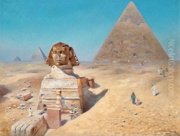 View Of The Sphinx With Khafra's Pyramid In The Background Oil Painting by Frans Wilhelm Odelmark