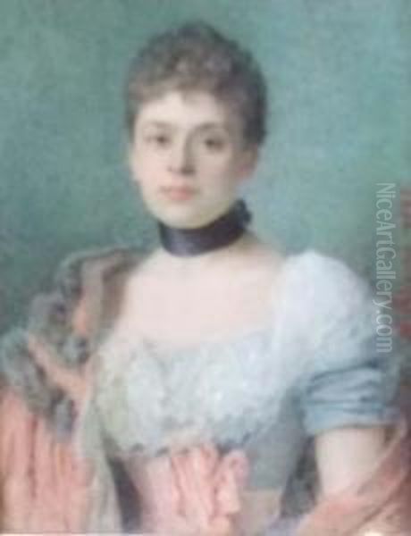 Portrait De Madame V. Roederer En Robe Gris-bleu Et Large Manteau Rose A Bande De Fourrure Oil Painting by Antonine Oderieu