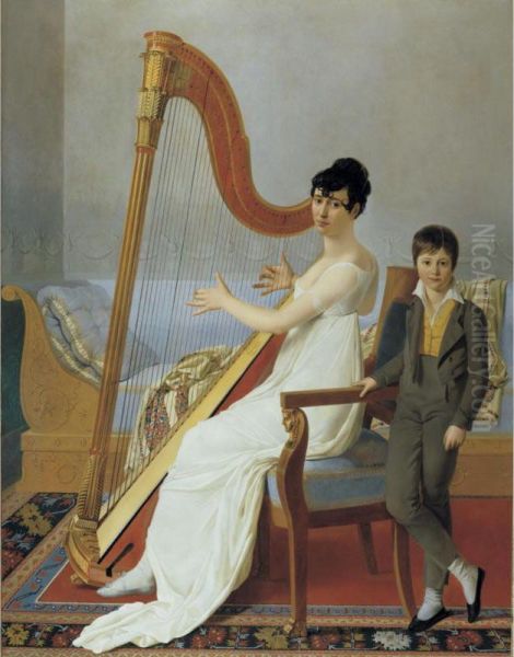 Portrait Of A Lady, Said To Be Madame Vigier And Her Son Oil Painting by Joseph Denis Odevaere