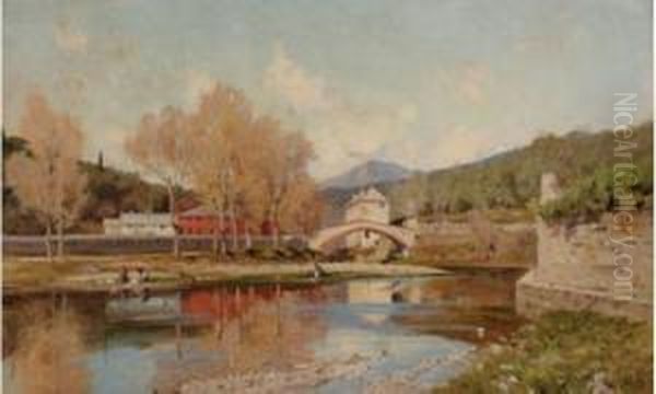 Paysage De Montagne Et Riviere, Circa 1895 Oil Painting by Jacques Odier