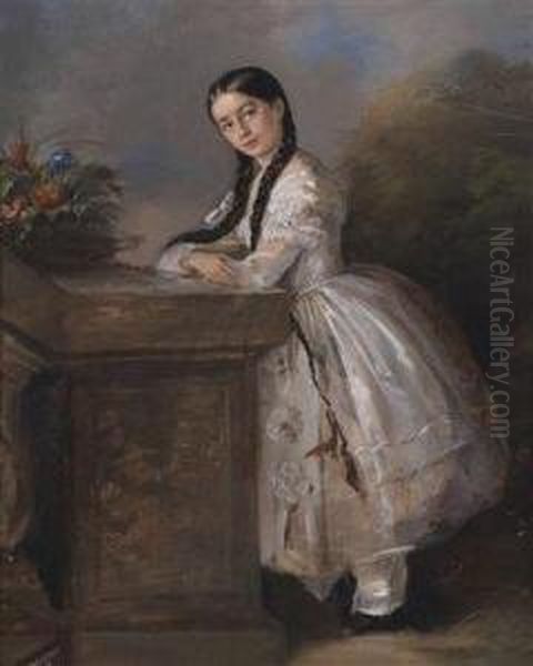 Portrait Of A Young Girl By A Staircase Oil Painting by Aristides Oeconomo