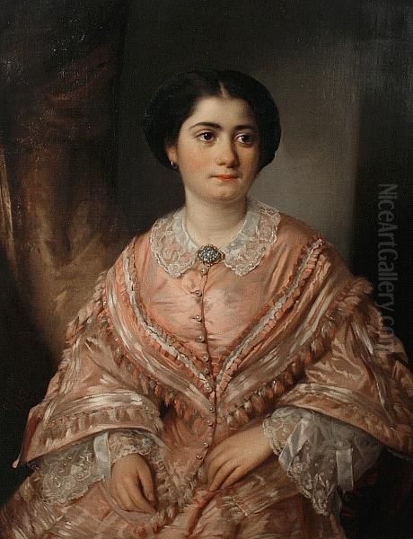 Portrait Of A Young Woman, Seated, Wearing A Pink Dress Oil Painting by Aristides Oeconomo