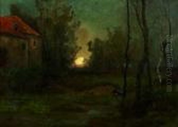 Sonnenuntergang An Einem Waldschloschen Oil Painting by Georg Oeder